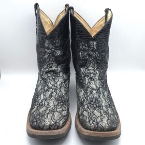 Ferrini Cowgirl Boots Women’s 9B Floral Black Silver Lace Glitter Square Toe